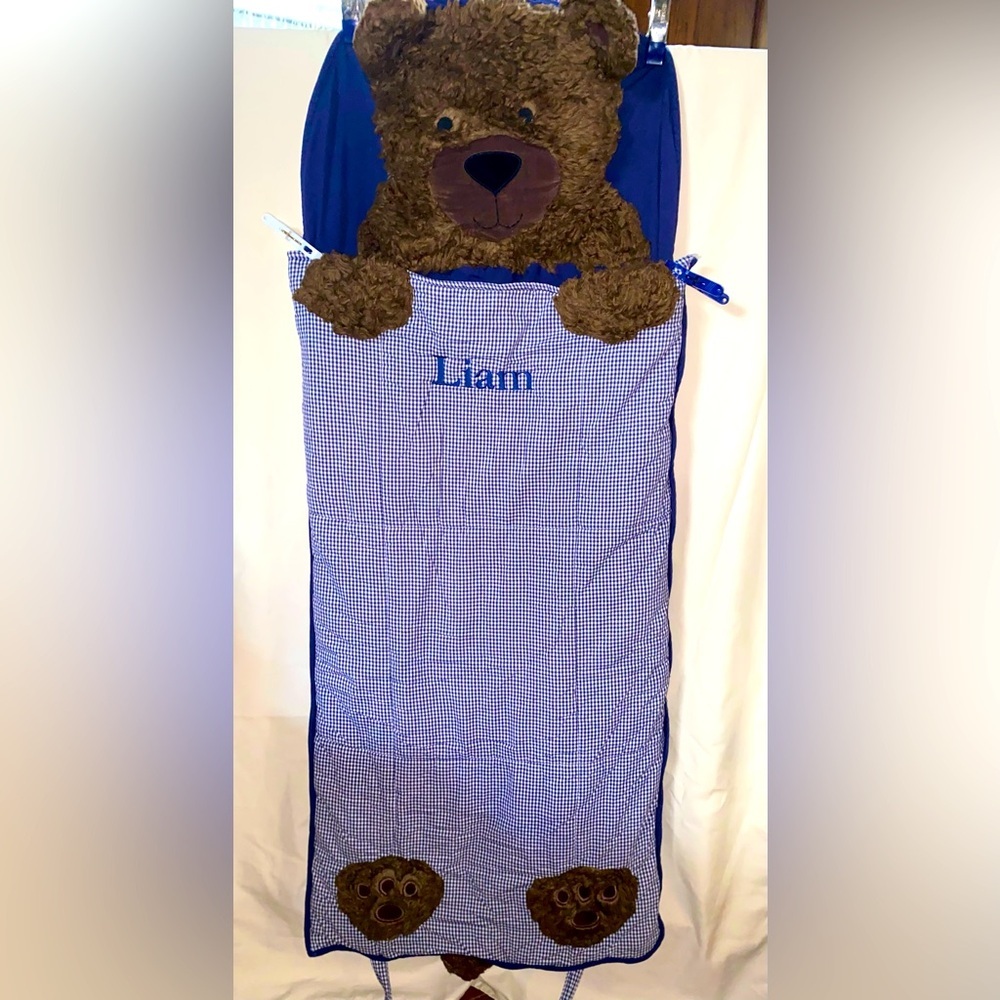 Pottery Barn Kids Plush Brown Bear Sleeping Bag  Blue Gingham “Liam”